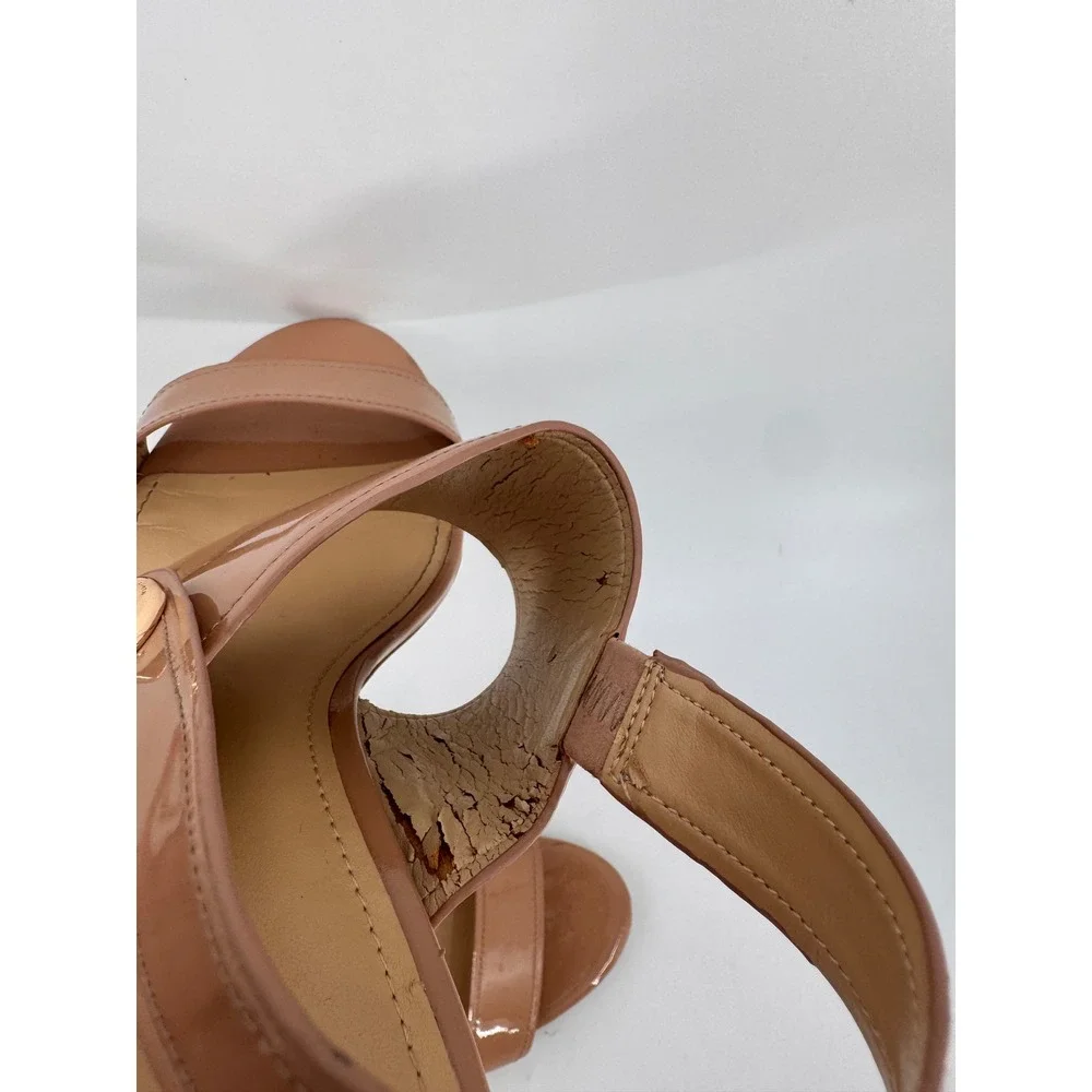 Coach Slingback Sandals Women 10B Tan Patent Leather Turnlock Kitten Heels Read